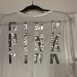 PINK Victoria's Secret White Top with Silver Sequins and Logo